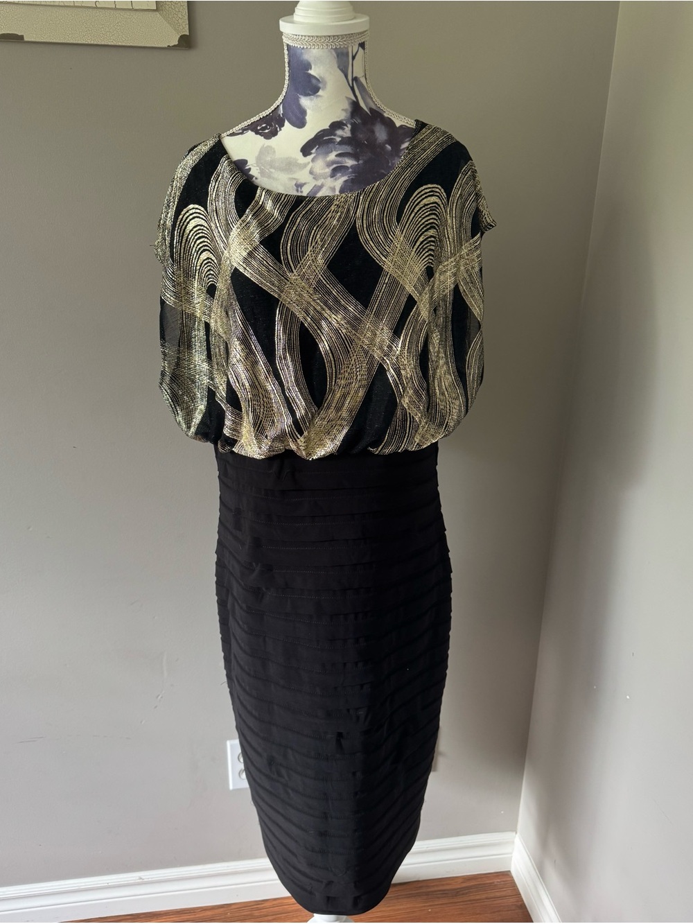 Frank Lyman Design Black Dress with Gold Wave Detail